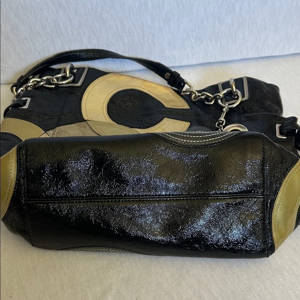 Coach Vintage “C” Signature Inlaid Black Gray Gold Patent Leather Peyton Tote